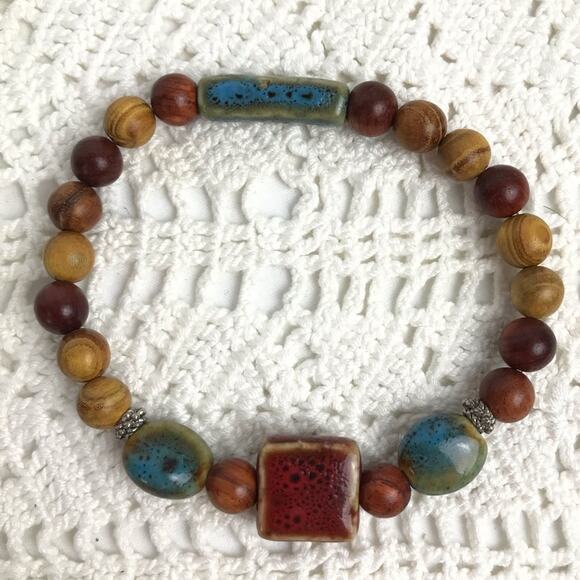 Stone Wood Stretch Bracelet Silver Accents - Picture 2 of 2